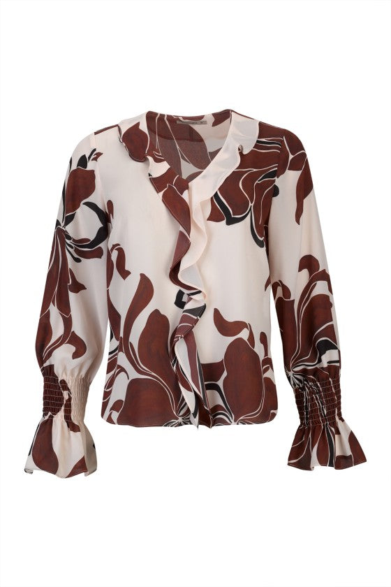 Túnica estampada de folhos e elástico nos punhos