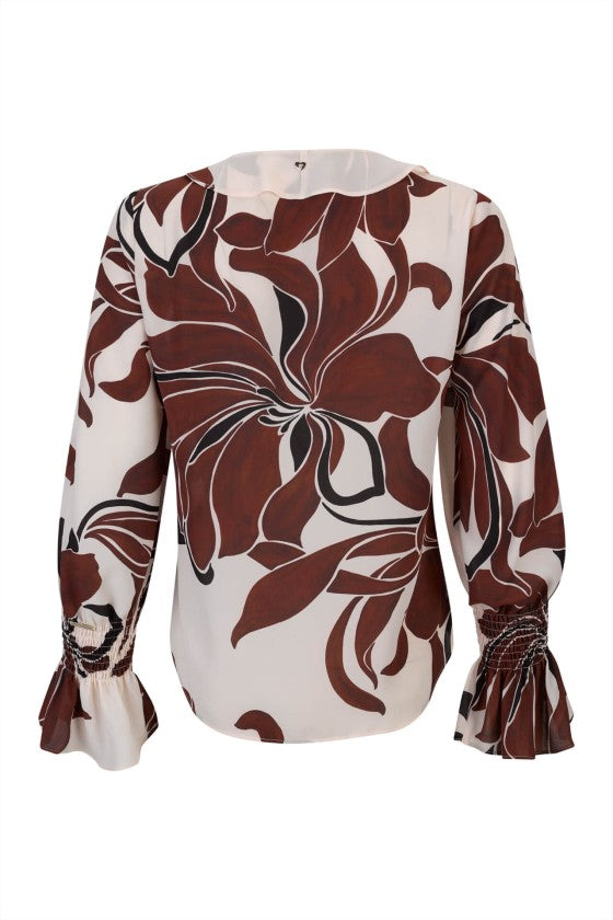 Túnica estampada de folhos e elástico nos punhos
