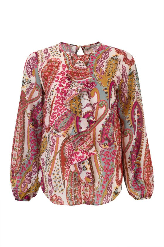 Túnica estampada folhos na frente