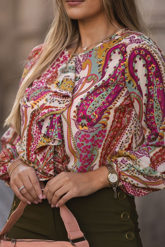 Túnica estampada folhos na frente