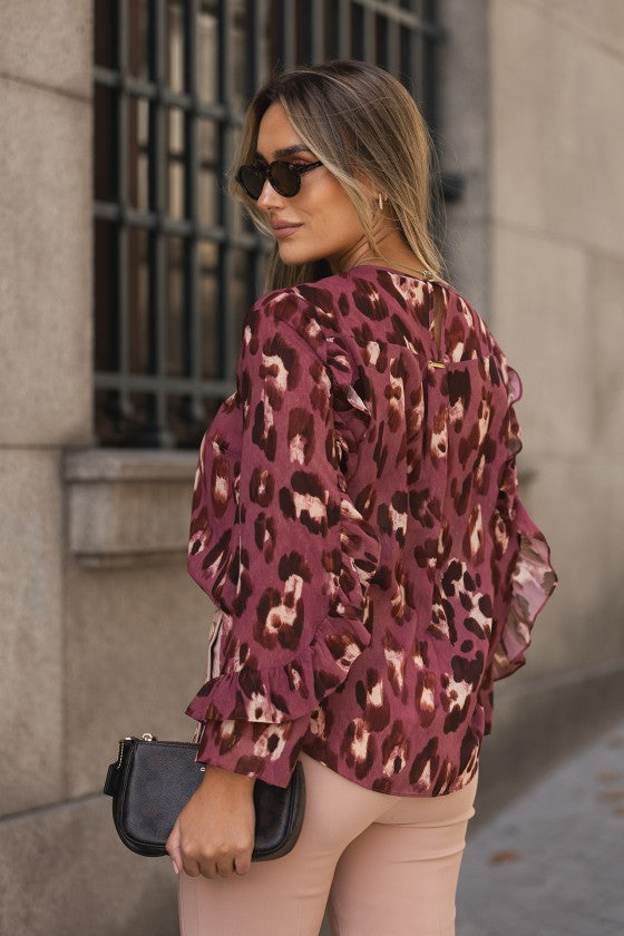 Túnica estampada folhos nas mangas